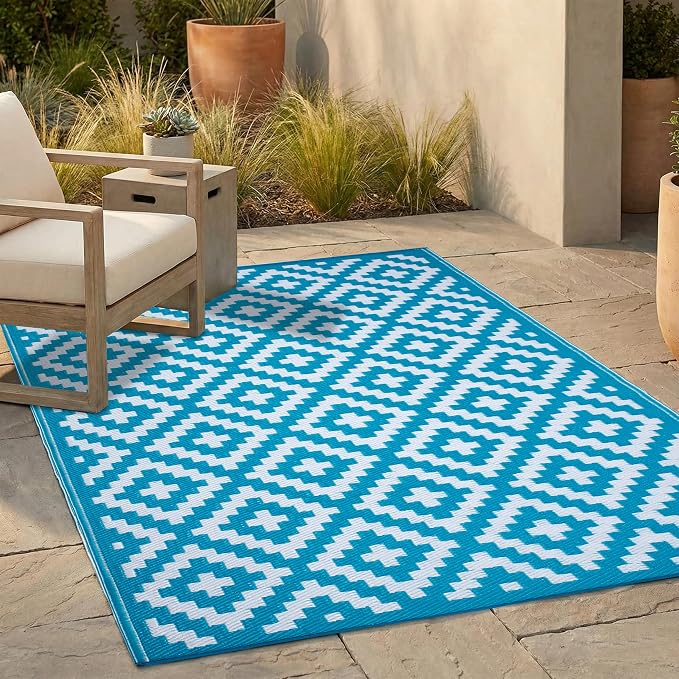 FH Home Outdoor Rug - Waterproof, Fade Resistant, Reversible - Premium Recycled Plastic - Geometric - Large Patio, Deck, Sunroom, Camping, RV - Aztec - Teal & White Crease Free - 6 x 9 ft