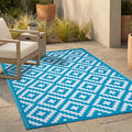 FH Home Outdoor Rug - Waterproof, Fade Resistant, Reversible - Premium Recycled Plastic - Geometric - Patio, Deck, Porch, Balcony, Laundry Room - Aztec - Teal & White Crease Free - 4 x 6 ft