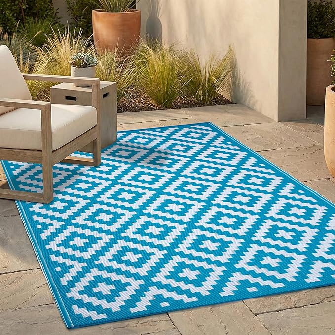 FH Home Outdoor Rug - Waterproof, Fade Resistant, Reversible - Premium Recycled Plastic - Geometric - Porch, Deck, Balcony, Mudroom, Laundry Room, Patio - Aztec - Teal & White Crease Free - 3 x 5 ft