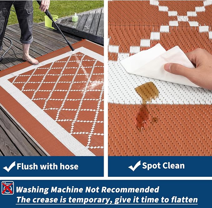 Outdoor Rug 10x14ft Waterproof Reversible Modern Orange & White Plastic Straw Patio Mat Lightweight Easy Clean Fade-Resistant Garden Carpet for Deck Camping RV Beach Porch