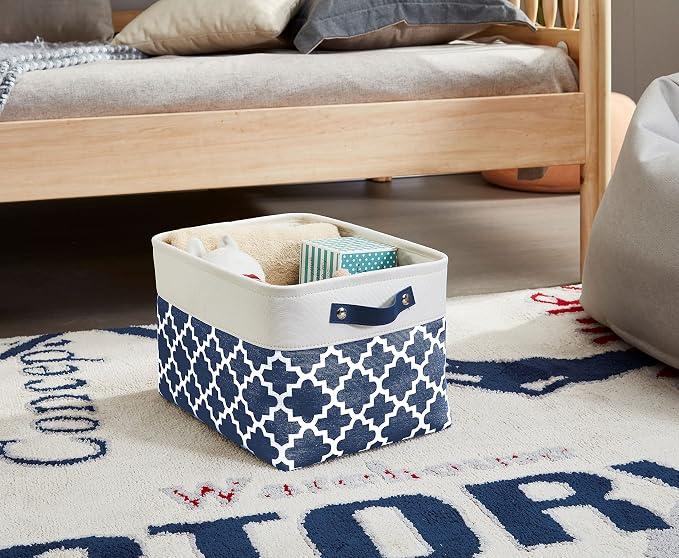 DECOMOMO Storage Bins, Fabric Storage Baskets for Shelves | 3 Pack Linen Closet Organizers for Toys and Nursery (Large, Blue Patterns)