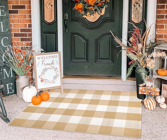 Khaki and White Layered Doormat 27.5''X 43.3''Checkered Farmhouse Porch Rug Cotton Woven Washable Front Door Mat Outdoor for Welcome Door Mat Entryway Bedroom Living Room