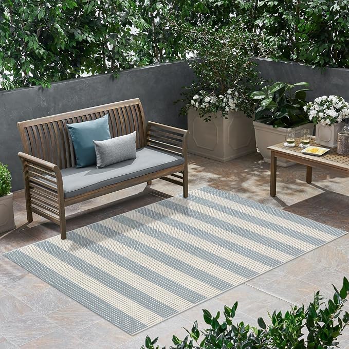 LEEVAN Coastal Outdoor Patio Rug 3x5 Washable Striped Front Porch Mat | Spring Colorful Outside Entryway Rug, Woven Welcome Doormat Blue White Tan Buffalo Backyard Layered Mat for Entrance/Doorway