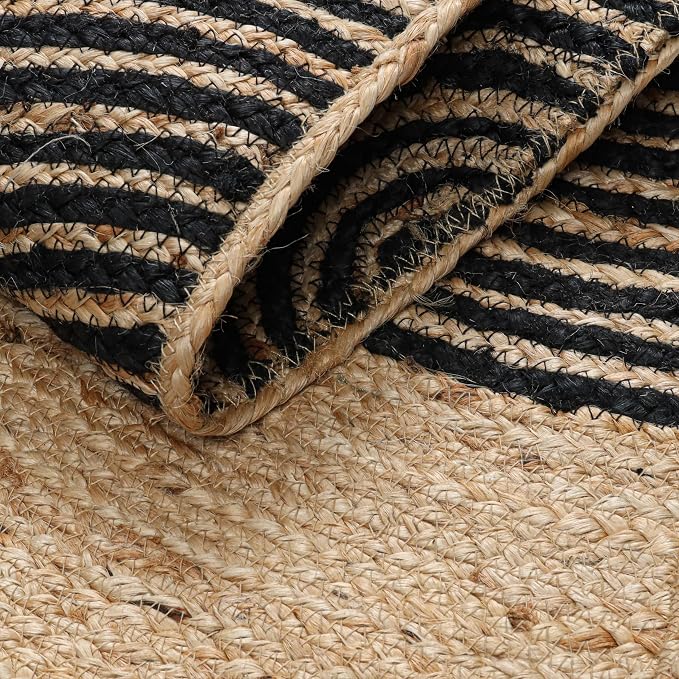 Boho Braided 1.5x3 Area Rug - Jute Natural Fiber Half Round Rug for Living Room Entryway, Farmhouse, Home, Indoor Rugs Jute Door mat for Bathroom, Kitchen (Black, Natural 1.5 X 3 ft)