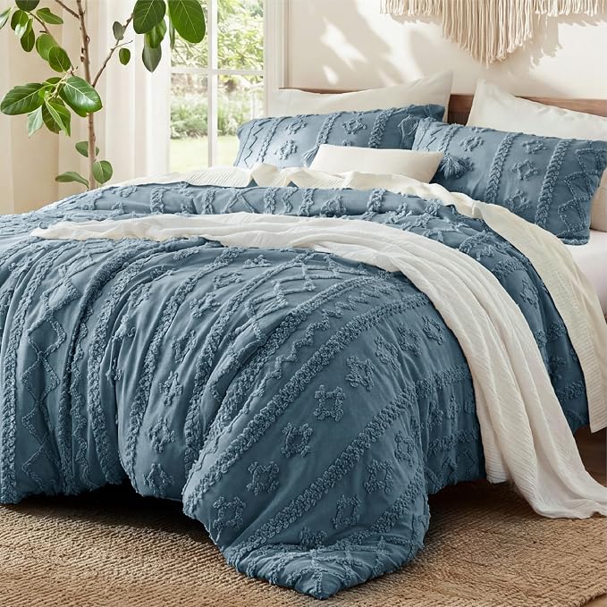 Bedsure Tufted Boho Comforter Set Oversized King - Dusty Blue Boho Bed Set, GentleSoft™ 3 Pieces Farmhouse-Style Embroidery Bedding, Gifts for Woman, Soft Jacquard Kids' Comforter for All Seasons