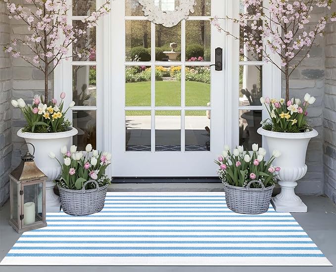 2x4 Outdoor Rug,Light Blue and White Striped Front Porch Rug Cotton Woven Washable Indoor Outdoor Doormat Farmhouse Small Area Rug for Porch/Entryway/Home Entrance Decor