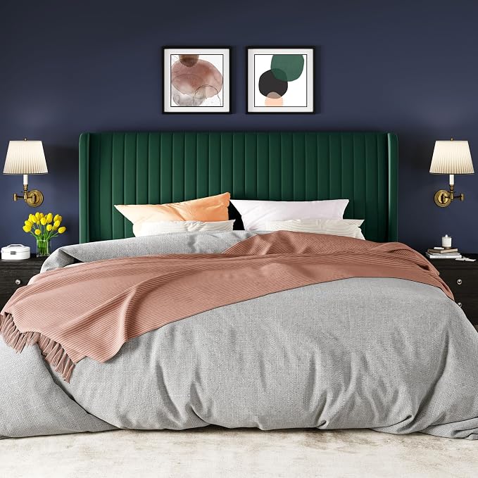 Allewie King Size Bed Frame/Velvet Upholstered Platform Bed/Vertical Channel Tufted Wingback Headboard/Strong Wooden Slats/No Box Spring Needed/Easy Assembly/Green