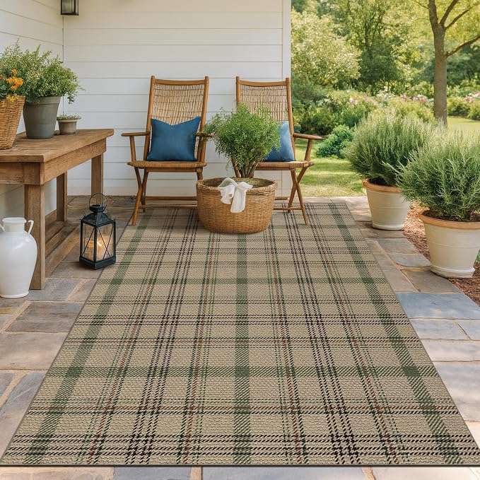 JTJ Easy Jute Area Rug 5x7, Washable Indoor Outdoor Plaid Rug for Living Room, Bedroom, Porch, Farmhouse Non Slip Beige & Sage Green Carpet