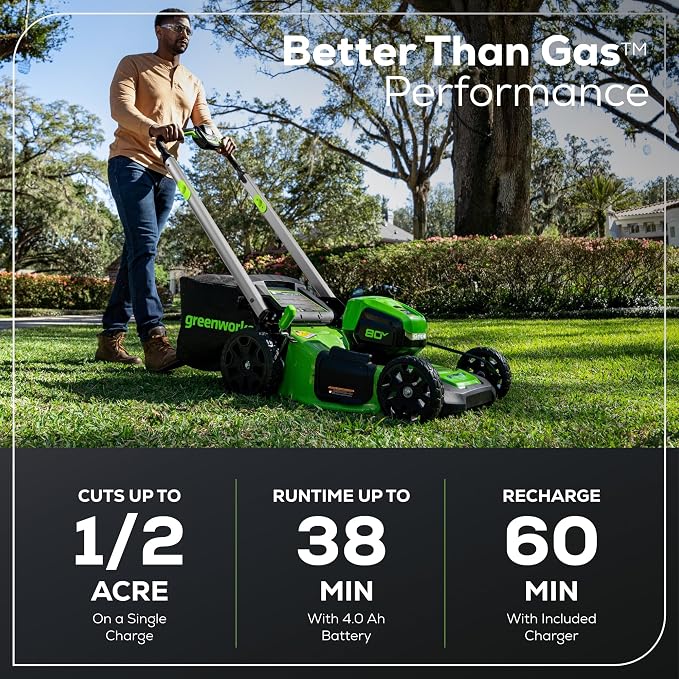 Greenworks 80V 21" Brushless Cordless (Push) Lawn Mower (LED Headlight + Aluminum Handles), 4.0Ah + 2.0Ah Battery and Rapid Charger Included (75+ Compatible Tools)