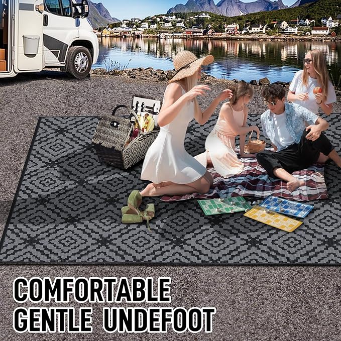 GOTGELIF Outdoor Camping Rug Waterproof 9x12FT, Large Reversible Stain&UV Resistant Plastic Straw RV Rug for Outside Patio Pool Deck Beach Indoor, Area Carpet Mat with Portable Bag&4 Stakes-Black Grey
