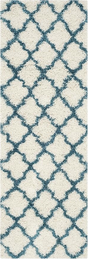 SAFAVIEH Kids Shag Collection Runner Rug - 2'3" x 7', Ivory & Blue, Moroccan Trellis Design, Non-Shedding & Easy Care, 2-inch Thick Ideal for High Traffic Areas in Living Room, Bedroom (SGK569C)
