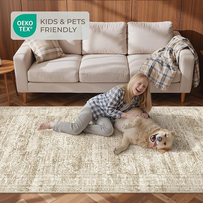 Washable Runner Rug 2.5x16, Non-Slip Long Hallway Runner for Entryway, Soft Vintage Kitchen Mats for Floor, Abstract Dining Room, Bedroom, Living Room Rugs(2.5'x16', Brown/Ivory)