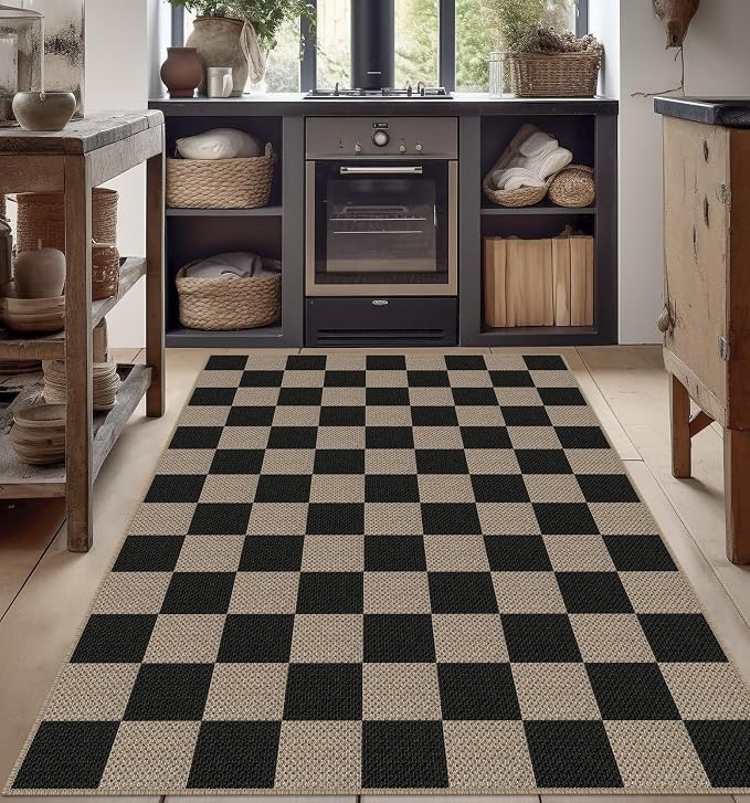 Rugalia Easy Jute Checkered Area Rug, 4x6 Black Modern Washable Rugs for Living Room Non-Slip Low Pile Entryway Mat, Farmhouse Checkerboard Indoor Outdoor Carpet for Kitchen Backyard Bedroom Office