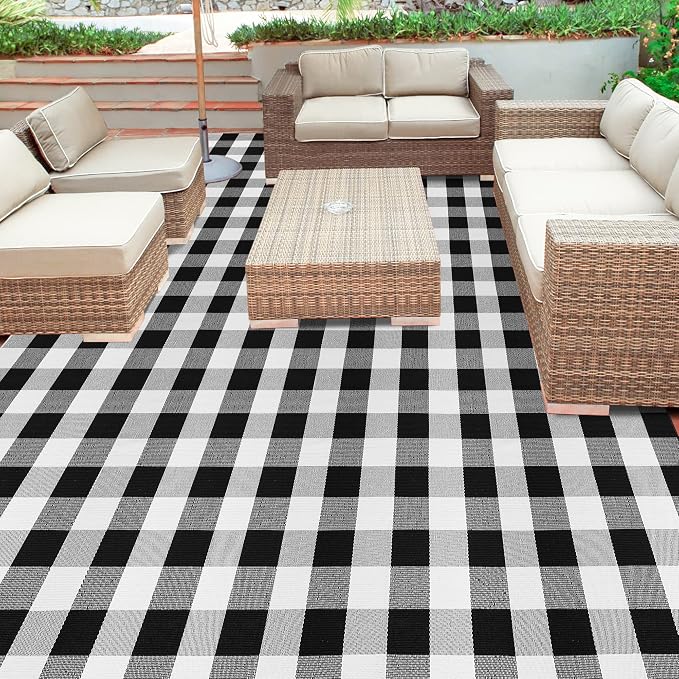Buffalo Plaid Rug 8x10 Feet Cotton Woven Black and White Check Washable Indoor Outdoor Carpet for Living Room Farmhouse Bedroom Patio
