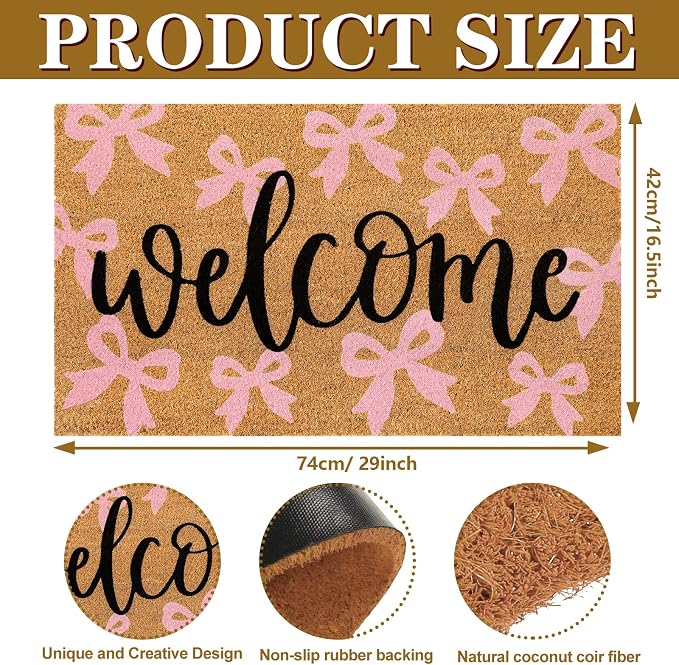 JarThenaAMCS Pink Bow Natural Coir Door Mat Cute Ribbon Bowknot Welcome Floor Mat Non-Slip Entrance Door Rugs for Indoor Outdoor Home Bathroom Decor, 16.5 x 29 Inch