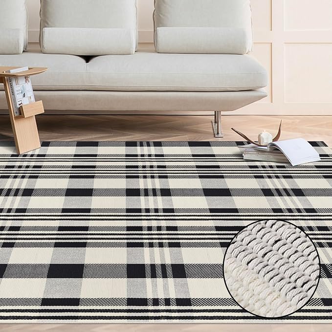 Buffalo Plaid Rug 5x8 Cotton Woven Rug Black and Off White Checkered Outdoor Rug Front Porch Decor Washable Indoor Outdoor Area Rug for Living Room Bedroom Dining Room Patio Farmhouse Carpet