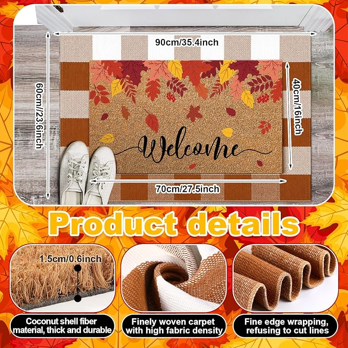 Moucuny 2 Pcs Fall Coir Doormat Outdoor, Maple Leaves Welcome Welcome Doormat 16 x 47, Layered Brown Plaid Rug 24 x 35, Non-Slip Backing, Fall Autumn Porch Entryway Patio Outdoor Decor