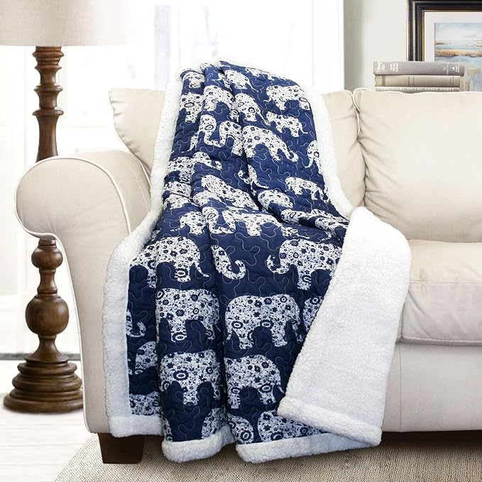 Lush Decor Navy Elephant Parade Throw Fuzzy Reversible Sherpa Blanket 60” x 50 White