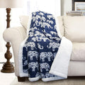 Lush Decor Navy Elephant Parade Throw Fuzzy Reversible Sherpa Blanket 60” x 50 White