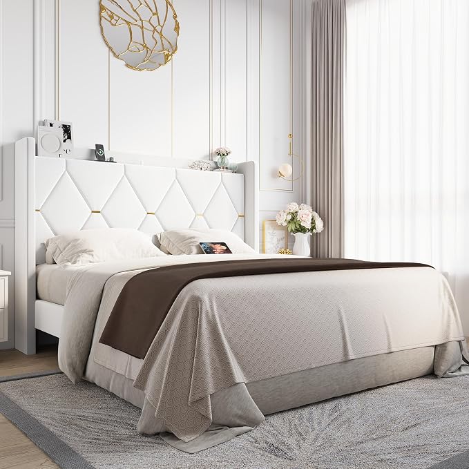 Allewie Queen Bed Frame with Storage Headboard & Charging Station | Diamond Tufted Design & Gold Trim, Velvet Upholstered Platform Bed, No Box Spring Needed, Easy Assembly, Noise-Free, White