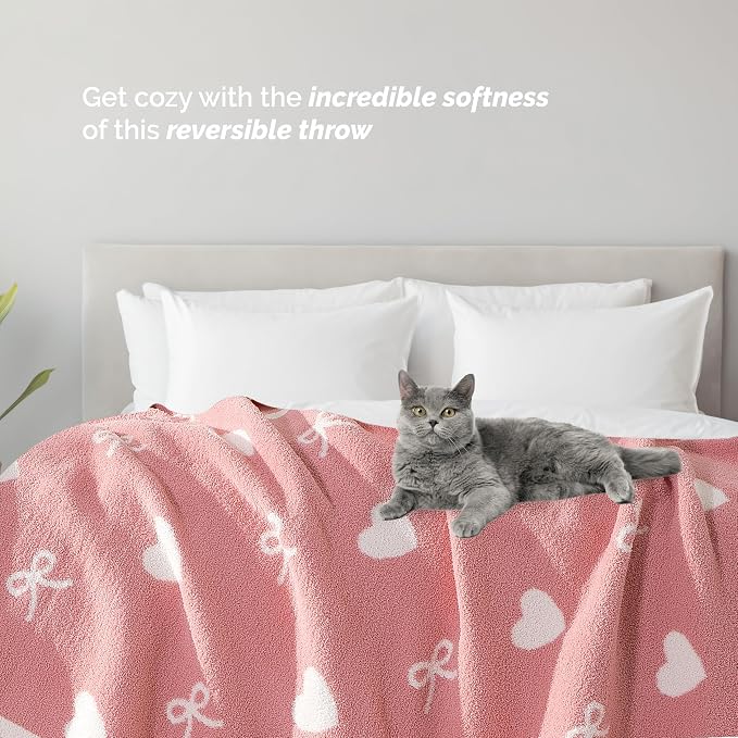 Elegant Comfort Valentine's Day Knit Throw Blanket, Hearts and Bows Super Soft Cozy Fluffy Warm Throw Blankets for Couch, Sofa, Chair, Bed, Camping, Picnic, Travel Lightweight Bed Blanket (50" x 70")