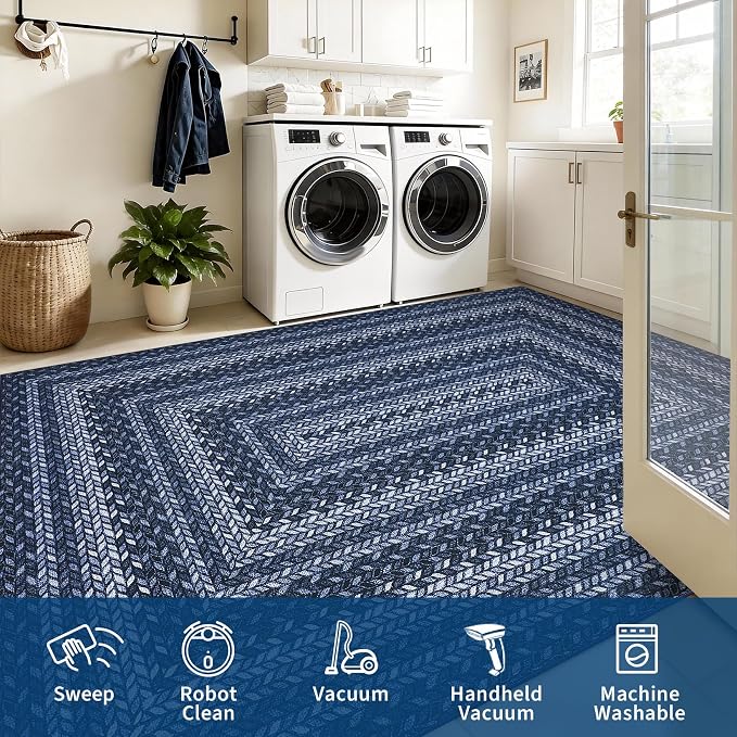 Garvee Easy Jute 4x6 Outdoor Rug Washable Non Slip Braided-Print Neutral Rugs for Living Room Ultra-Thin Non-Shedding Foldable Carpet Indoor Outdoor Farmhouse Rug for Bedroom Kitchen Porch Navy Blue