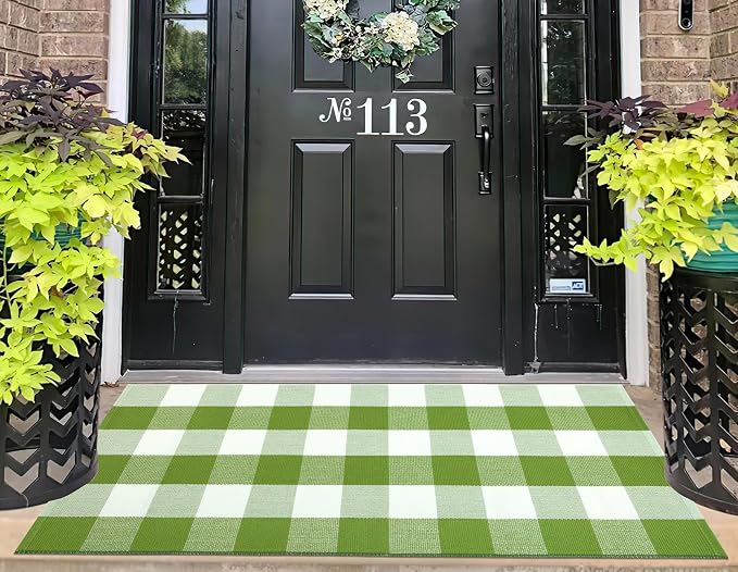 Green and White Front Porch Rug 2'X4.3'Buffalo Plaid Checked Outdoor Rug Cotton Woven Washable Layering Door Mat for Welcome Mat Entryway Bedroom Living Room
