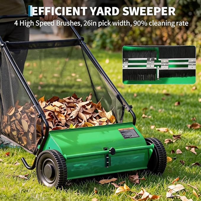 Heavy Duty 26-Inch Push Lawn Sweeper – 4 High-Speed Spinning Brushes | Durable Steel Frame, 7 Cu. Ft. Removable lawn mower, Ideal for Leaf & Grass Collection on Yard, Garden, Patio, Driveway –