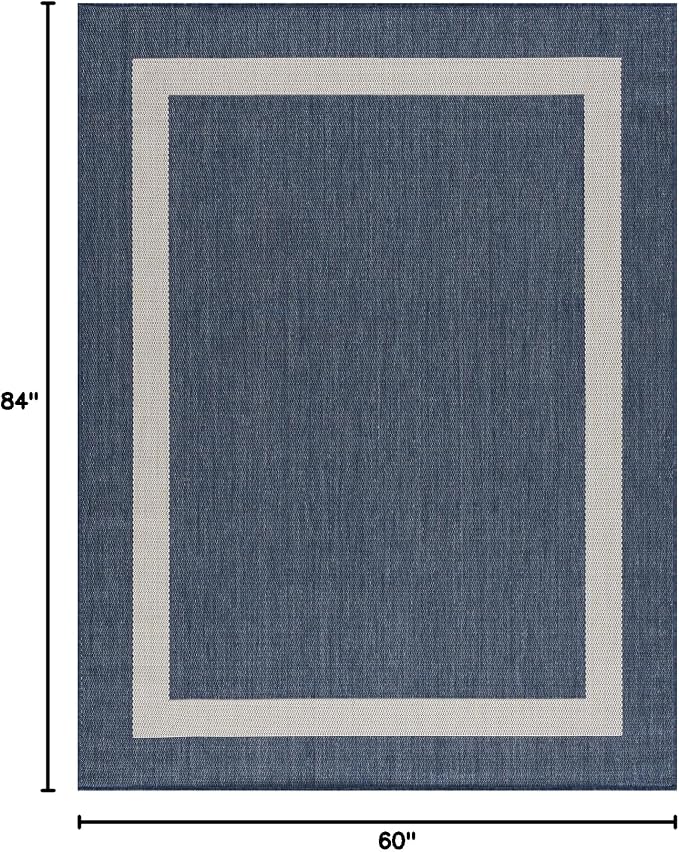 CAMILSON Outdoor Rug 5x7, Modern Outside Rugs for Patios Porches Waterproof Durable Washable Non-Shedding, Easy-to-Clean Indoor Outdoor Area Carpet (5 x 7, Bordered - Blue/White)