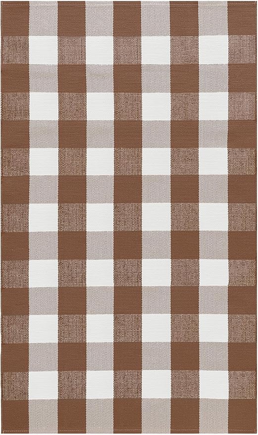 KILOCOCO Buffalo Plaid Checkered Rug 3x5 ft Brown and White Front Door Rug | Machine Washable Front Porch Rug, Outdoor Indoor Entryway Rug, Cotton Layered Doormat, Low Pile Rugs for Kitchen Patio