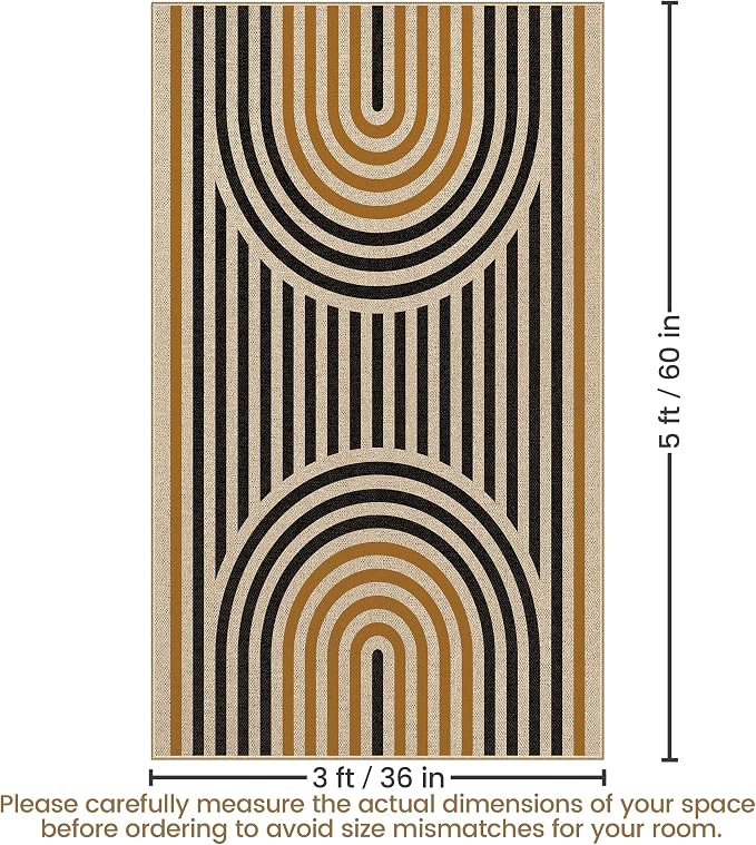 Washable Rainbow Easy Jute Rug 3x5, Outdoor Indoor Patio Modern Geometric Neutral Small Rugs, Woven Non Slip Thin Carpet Mat for Living Bedroom Entryway Front Door Farmhouse Doorway Ki