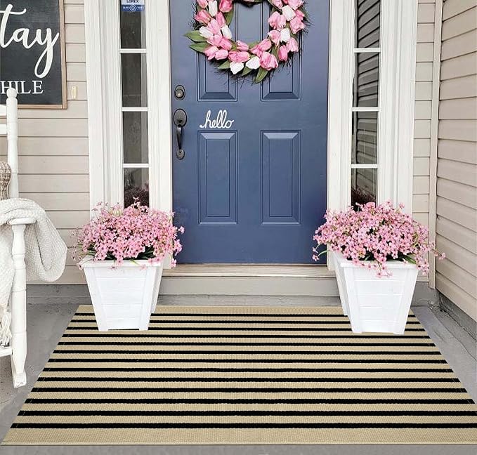 Layered Doormat 2.3'x3.6,Black and Tan Machine Washable Porch Rug Cotton Woven Striped Farmhouse Small Area Rug for Porch/Home Entrace Decor/Bedroom/Layered Door Mats