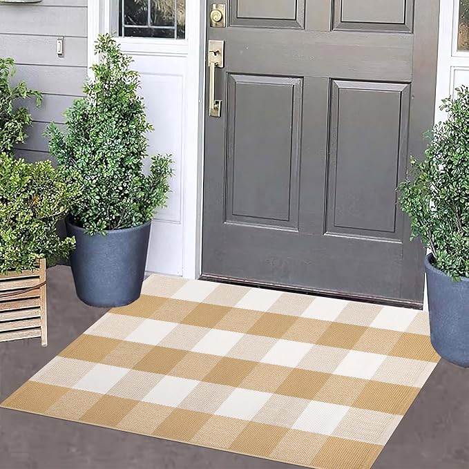 Front Door Mat Outdoor 24''x35''Khaki and White Washable Entryway Rugs Cotton Farmhouse Layered Doormat for Hello/Welcome Entryway,Porch,Bedroom,Bathroom