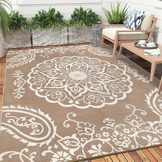 Pauwer Outdoor Rug 10x14, Waterproof Plastic Straw Camping Rug, Boho Brown | Reversible Patio Rug, UV Resistant Indoor Outdoor RV Mat Carpet For Deck, Camper, Porch, Balcony, Backyard, Picnic, Foldable