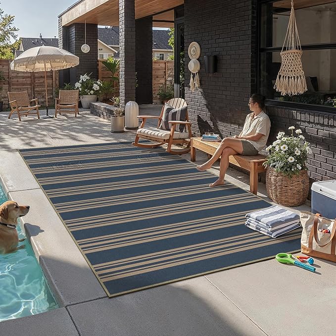 PureCozy Striped Easy Jute Rug 8x10 Blue Living Room Carpet Washable Non Slip Bedroom Office Rug Farmhouse Neutral Non Shedding Indoor Outdoor Large Carpet for Kitchen Dining Room