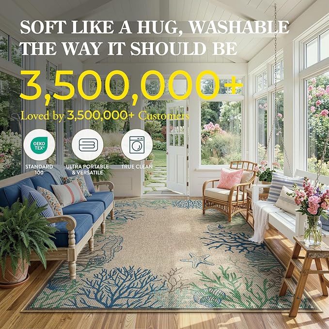 LIVEBOX Modern 3x5 Jute Outdoor Patio Rug, Washable Rugs for Entryway Porch, Coastal Animal Boho Farmhouse Carpet, Non Slip Front Door Mat for Outdoor Indoor Entryway Guestroom Decor (Blue 3'x5')