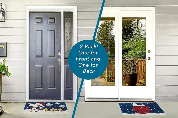 Gertmenian Peanuts Snoopy Coir Doormat - 2x3 Welcome Mat (2-Pack), Ideal for High Traffic Areas in Front Door, Garage, Entryway - Snowflake/Dog House Lights, 80004