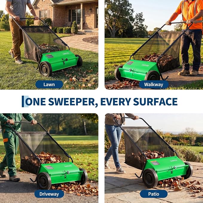 Garvee 26 Inch Push Lawn Sweeper, Walk Behind Leaf Grass Collector with 7 Cu ft Hopper Bag, Carbon Steel Frame, Yard Sweeper with Adjustable Brush Height for Garden Patio Driveway Leaves Cleanup | 7 Cu ft Hopper Bag, Carbon Steel Frame, Yard Sweeper wi...