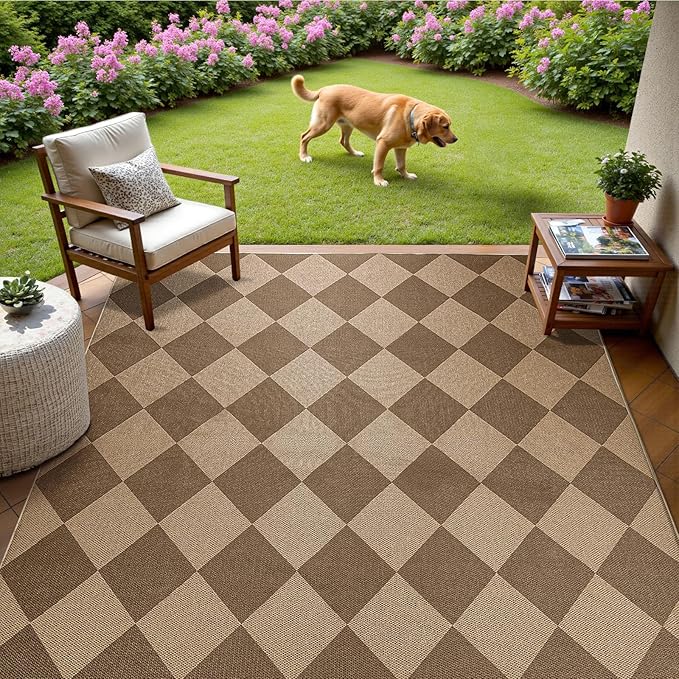 EDIMENS Checkered Easy Jute 5x7 Outdoor Rug Washable Living Room Area Rugs | Brown Non Slip Outdoor Patio Rug Diamond Indoor Black Farmhouse Geometric Carpet for Backyard Front Porch Balcony