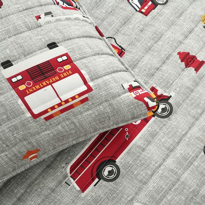 Lush Decor Fire Truck Quilt 3 Piece Set, Twin, Red & Gray - Reversible Stripe Print Toddler Bedding Set for Kids Room