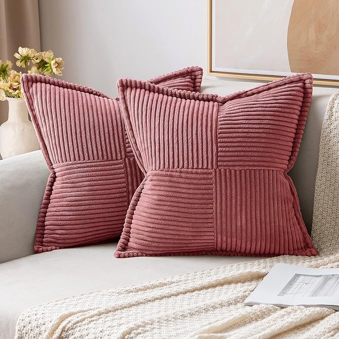 MIULEE Decorative Throw Pillow Covers for Couch Bed Livingroom 18x18 Inch Set of 2 Cranberry Red Boho Accent Throw Pllows Broadside Striped Patchwork Soft Corduroy Pillowcases