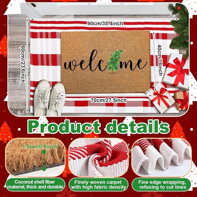 Moucuny 2 Pcs Christmas Doormat Outdoor Christmas Tree Welcome Coir Mat, Red White Plaid Outdoor Rug Non Slip Mats for Entrance Front Porch Decor, 24'' x 35'', 16'' x 28''