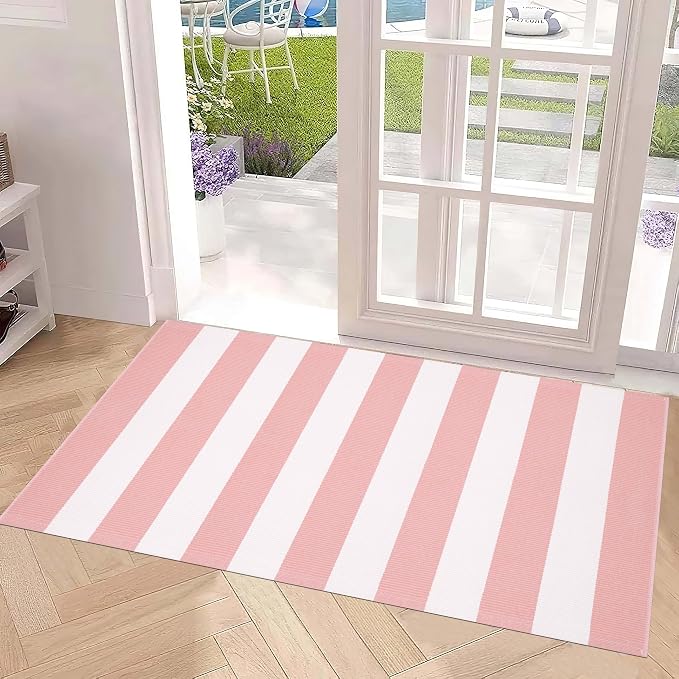 Pink White Outdoor Rug 2'x4',Striped Front Porch Rug Machine Washable Front Door Mat Entryway Throw Rug for Front Porch Indoor Outdoor Doormat