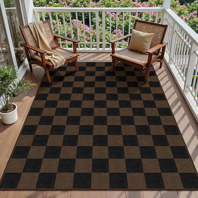 Rugalia Easy Jute Coffee Checkered 5x7 Area Rug, Washable Modern Rugs for Living Room Non-Slip Diamond Bedroom Rug, Farmhouse Checkerboard Indoor Outdoor Carpet for Patio Dining Room Classroom