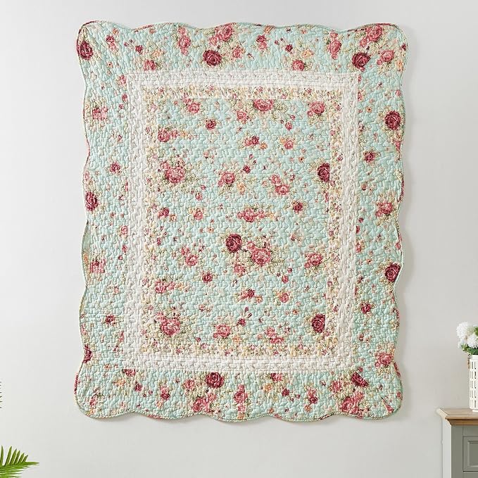 Greenland Home Fashions Antique Rose - Classic Traditional Floral - 100% Cotton Quilted Throw Blanket, 50 x 60 inches, Blue