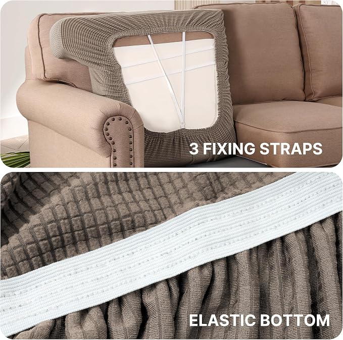 H.VERSAILTEX Stretch 2 Piece T Cushion Sofa Slipcovers Individually Sofa Cushion Covers for 2 Cushion Couch Sofa Seat Cushion Covers with Elastic Bands Featuring Thicker Jacquard Fabric, Taupe