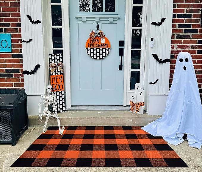Fall Layered Doormat 27.5 x 43 inch,Orange and Black Plaid Rug Cotton Woven Washable Front Door Mat Outdoor Checkered Area Rug for Porch,Entryway,Farmhouse,Halloween,Indoor,Outdoor
