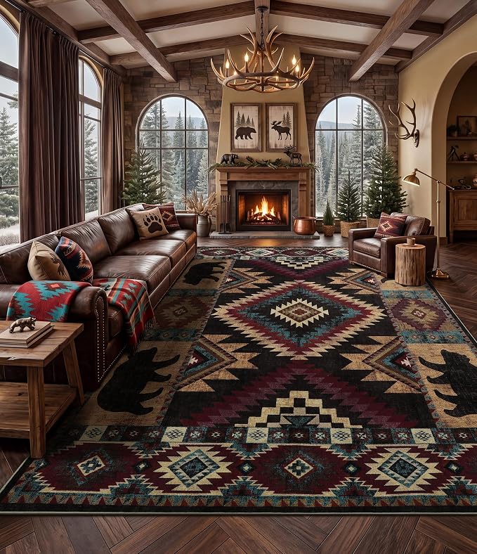 YIHOUSE Rustic Cabin Area Rug 10x14, Lodge Wildlife Bear Washable Large Area Rug, Southwestern Rustic Rugs for Living Room