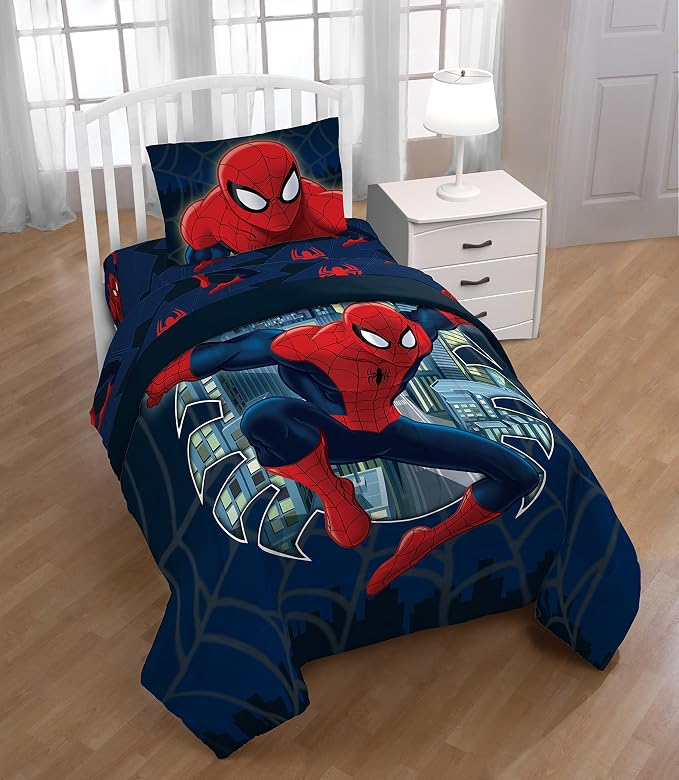 Jay Franco Kids Sheet Set with Fitted, Flat Sheets & Pillow Cover - Ultra-Soft Bedding with Pillowcase for Room Decor, Blue - Spiderman, 3 Piece Twin