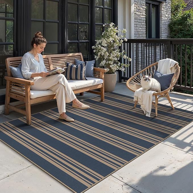 PureCozy Striped Easy Jute Rug 6x9 Blue Living Room Carpet Washable Non Slip Bedroom Office Rug Farmhouse Neutral Non Shedding Indoor Outdoor Large Carpet for Kitchen Dining Room